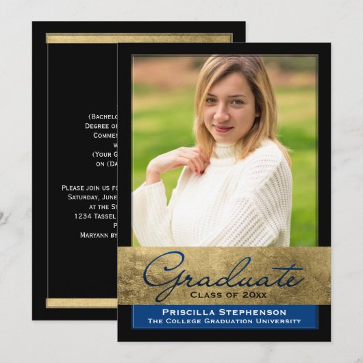 Blue Gold Foil Effect Foto Afstuderen Kaart (Voorkant / Achterkant)