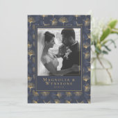 Blue Gold Foil Elegant Floral Photo Wedding Bedankkaart (Staand voorkant)