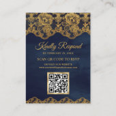 Blue Gold Foil Lace QR Code RSVP Weduwwebsite Informatiekaartje (Voorkant)