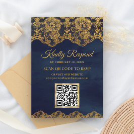 Blue Gold Foil Lace QR Code RSVP Weduwwebsite Informatiekaartje