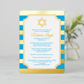 Blue, Gold Foil Striped Star Bat Mitzvah Invite Folie Uitnodiging (Staand Voorkant)