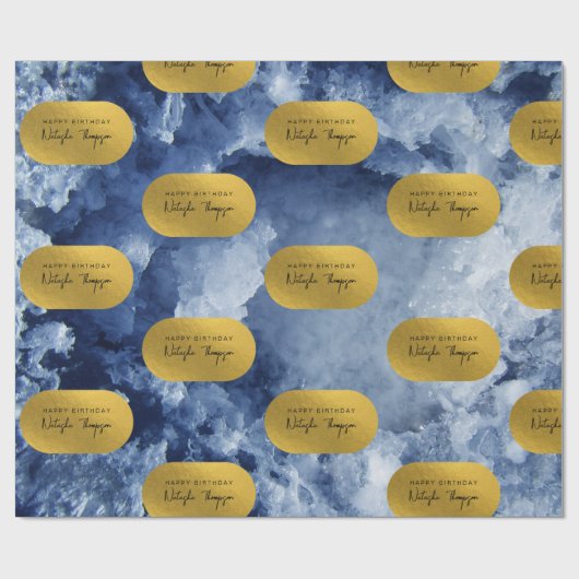 Blue Gold Foil Zee Crystals Signature Script Cadeaupapier (Vlak)