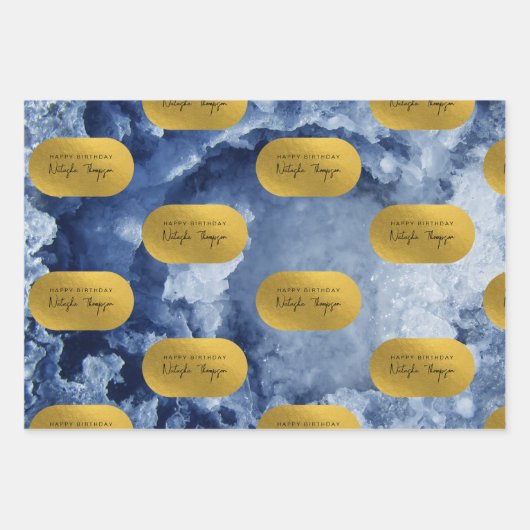 Blue Gold Foil Zee Crystals Signature Script Inpakpapier Vel (Voorkant 3)