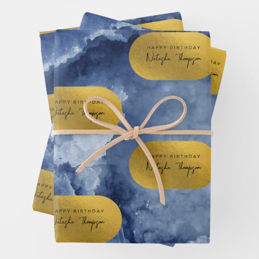 Blue Gold Foil Zee Crystals Signature Script Inpakpapier Vel (In situ)