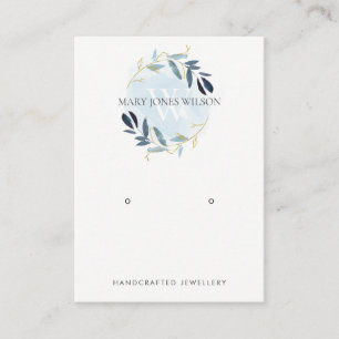 BLUE GOLD FOLIAGE MONOGRAM EARRING DISPLAY LOGO VISITEKAARTJE
