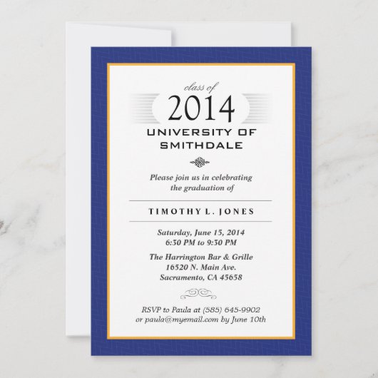 Blue & Gold Formal Graduation Party Invite Kaart (Voorkant)