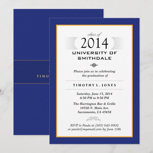 Blue & Gold Formal Graduation Party Invite Kaart (Voorkant / Achterkant)