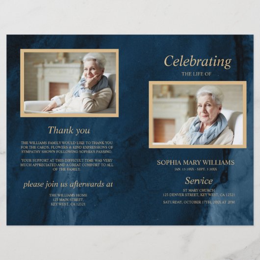 Blue & Gold Funeral Program | Dienstenvolgorde (Voorkant)