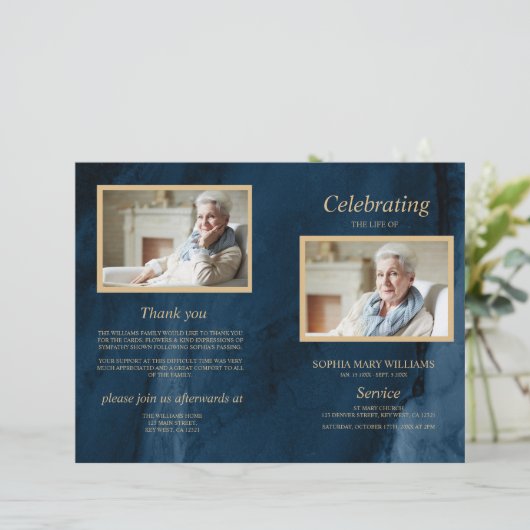 Blue & Gold Funeral Program | Dienstenvolgorde (Staand voorkant)