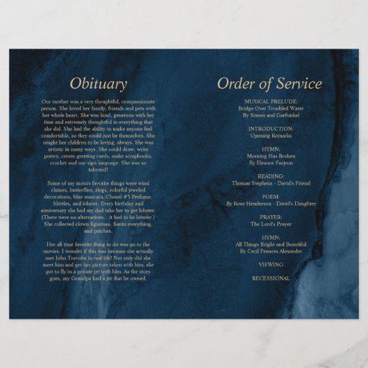 Blue & Gold Funeral Program | Dienstenvolgorde (Achterkant)