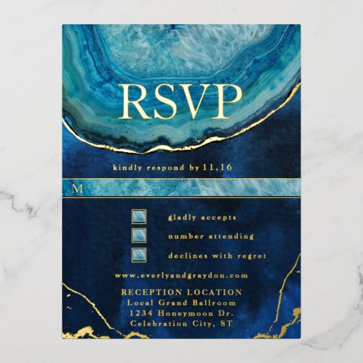 Blue Gold Galaxy Agate Wedding RSVP Folie Uitnodiging Briefkaart (Voorkant)