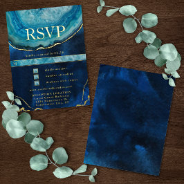 Blue Gold Galaxy Agate Wedding RSVP Folie Uitnodiging Briefkaart