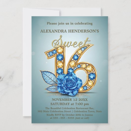  Blue Gold Gemstone Rose Jeweled Sweet Sixteen  Kaart (Voorkant)