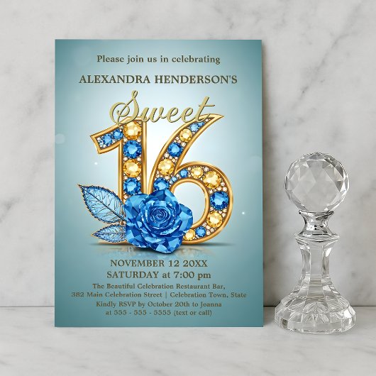 Blue Gold Gemstone Rose Jeweled Sweet Sixteen Kaart