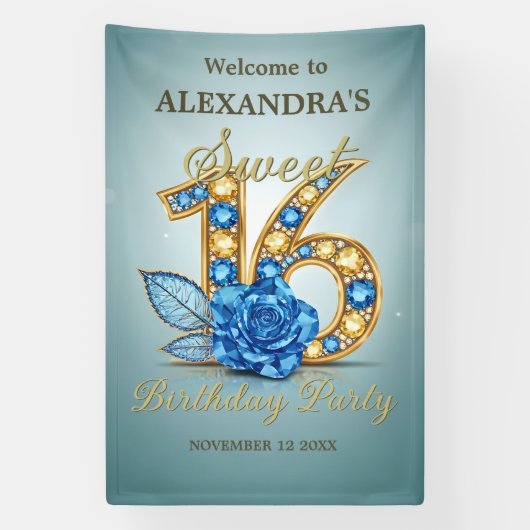 Blue Gold Gemstones Crystal Rose Sweet 16 Welcome Spandoek (Verticaal)