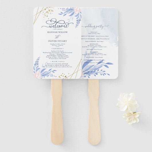 Blue Gold Geometric Pink Floral Wedding Programs Handwaaier (Voorkant en achterkant)