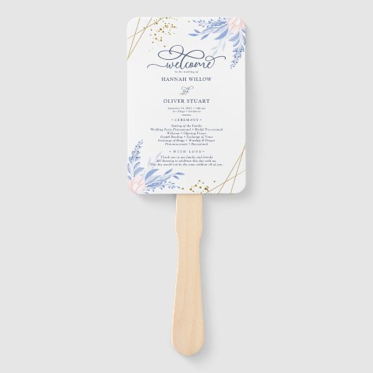Blue Gold Geometric Pink Floral Wedding Programs Handwaaier (Voorkant)