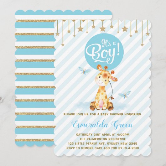 Blue Gold Giraffe Baby shower Twinkle Star Invite Kaart (Voorkant / Achterkant)