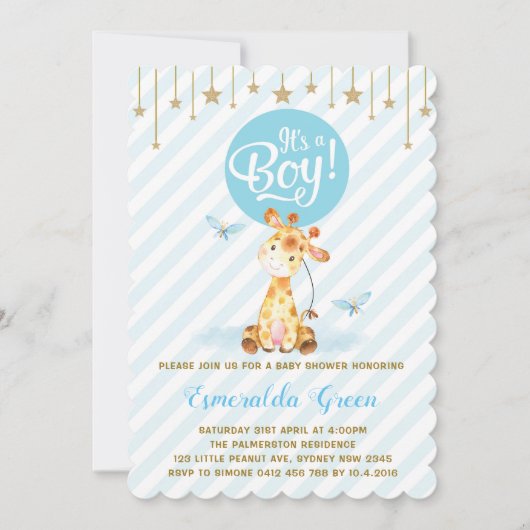 Blue Gold Giraffe Baby shower Twinkle Star Invite Kaart (Voorkant)