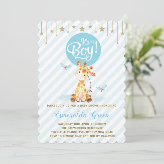 Blue Gold Giraffe Baby shower Twinkle Star Invite Kaart (Staand voorkant)
