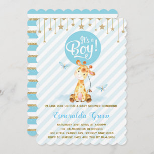 Blue Gold Giraffe Baby shower Twinkle Star Invite Kaart