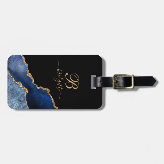 Blue Gold Glitter Agaat Geode Monogram Notitieboek Bagagelabel (Voorkant horizontaal)