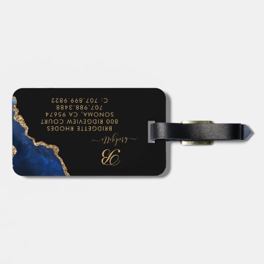 Blue Gold Glitter Agaat Geode Monogram Notitieboek Bagagelabel (Achterkant horizontaal)
