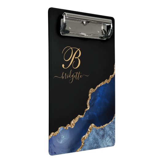 Blue Gold Glitter Agate Geode Monogram Mini Klembord (Schuin)