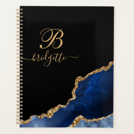 Blue Gold Glitter Agate Geode Monogram Planner