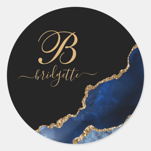 Blue Gold Glitter Agate Geode Monogram Ronde Sticker (Voorkant)