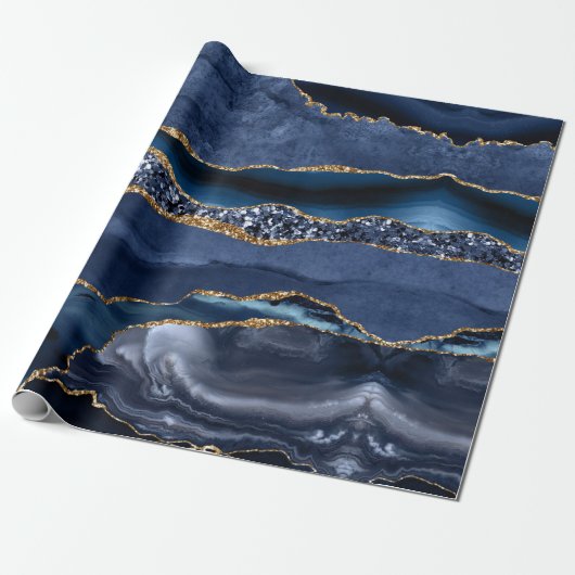 Blue Gold Glitter Agate Marble Trendy Chic Cadeaupapier (Uitgerold)