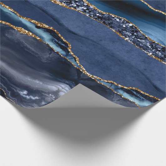 Blue Gold Glitter Agate Marble Trendy Chic Cadeaupapier (Hoek)