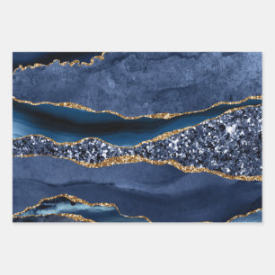 Blue Gold Glitter Agate Marble Trendy Inpakpapier Vel