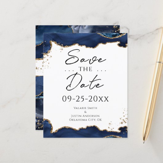 Blue Gold Glitter Agate Save the Date (Voorkant / Achterkant in situ)