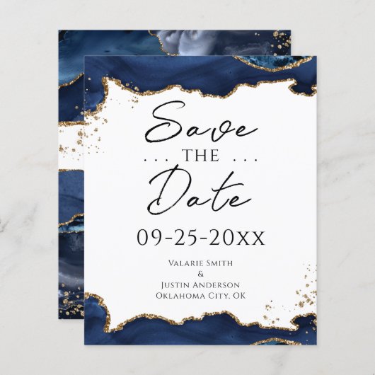 Blue Gold Glitter Agate Save the Date (Voorkant / Achterkant)
