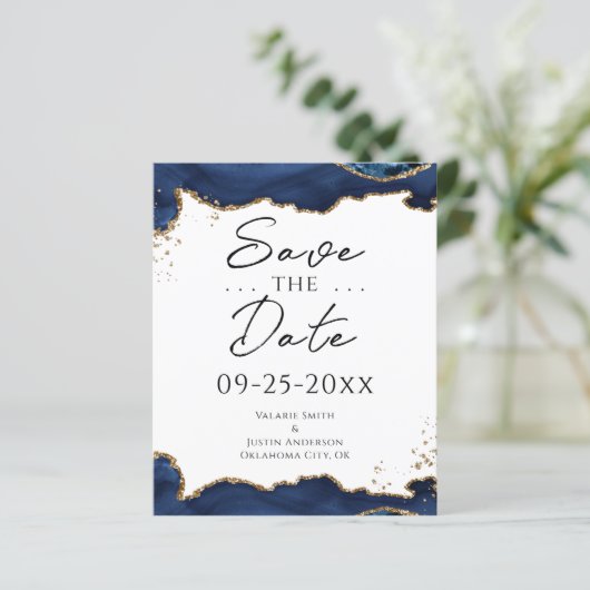 Blue Gold Glitter Agate Save the Date (Staand voorkant)