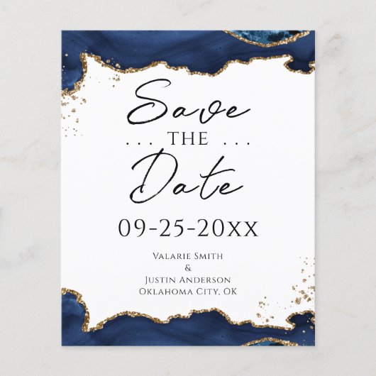 Blue Gold Glitter Agate Save the Date (Voorkant)