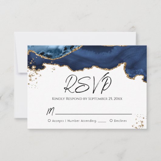 Blue Gold Glitter Agate Stone Wedding RSVP Card (Voorkant)