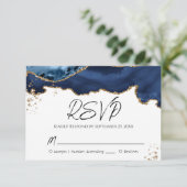 Blue Gold Glitter Agate Stone Wedding RSVP Card Kaartje (Staand voorkant)