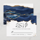 Blue Gold Glitter Agate Stone Wedding RSVP Card Kaartje (Voorkant / Achterkant)