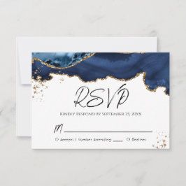 Blue Gold Glitter Agate Stone Wedding RSVP Card Kaartje