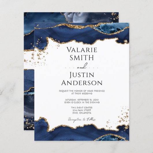 Blue Gold Glitter Agate Wedding Uitnodiging (Voorkant / Achterkant)
