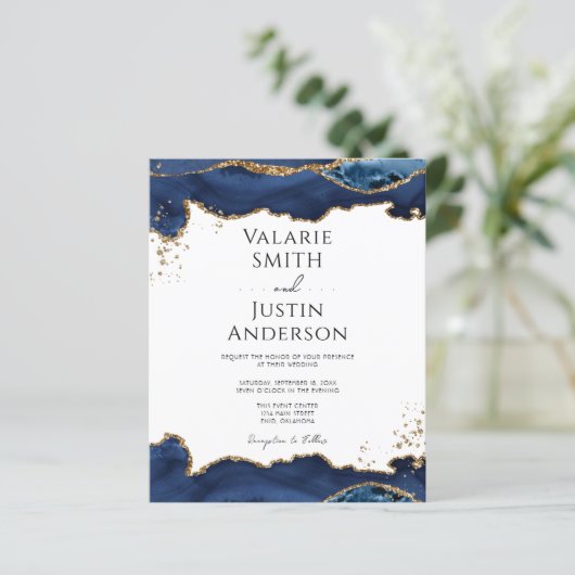 Blue Gold Glitter Agate Wedding Uitnodiging (Staand voorkant)