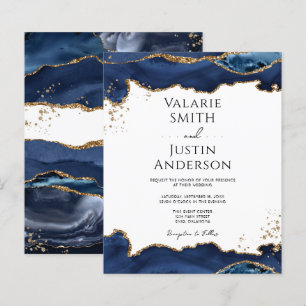 Blue Gold Glitter Agate Wedding Uitnodiging