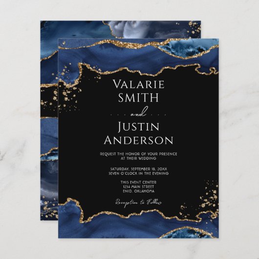 Blue Gold Glitter Agate Wedding Uitnodiging (Voorkant / Achterkant)