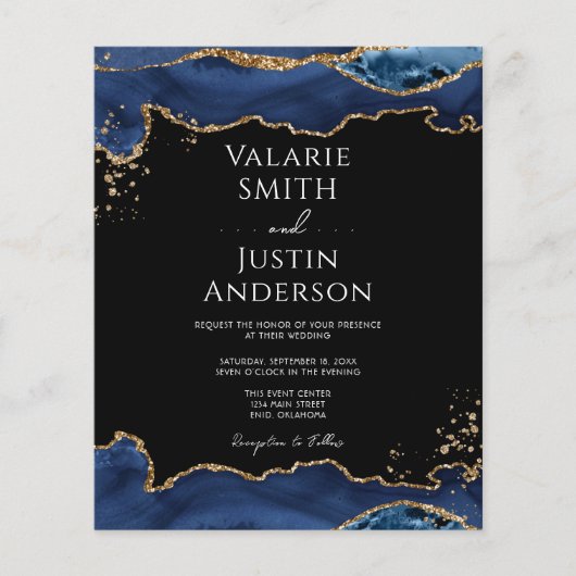 Blue Gold Glitter Agate Wedding Uitnodiging (Voorkant)
