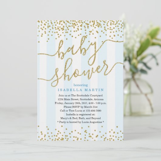Blue & Gold Glitter Baby shower voor jongens Kaart (Staand voorkant)