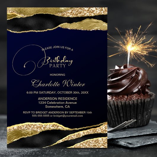 Blue Gold Glitter Birthday Party Invitation Kaart