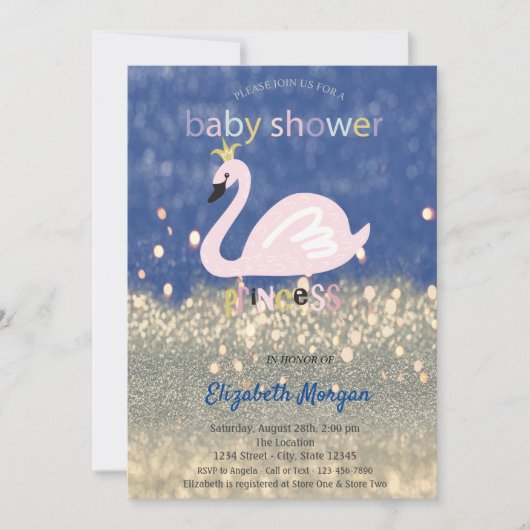 Blue, Gold Glitter Bokeh, Swan Baby shower Kaart (Voorkant)