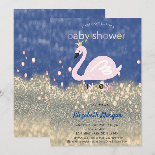 Blue, Gold Glitter Bokeh, Swan Baby shower Kaart (Voorkant / Achterkant)